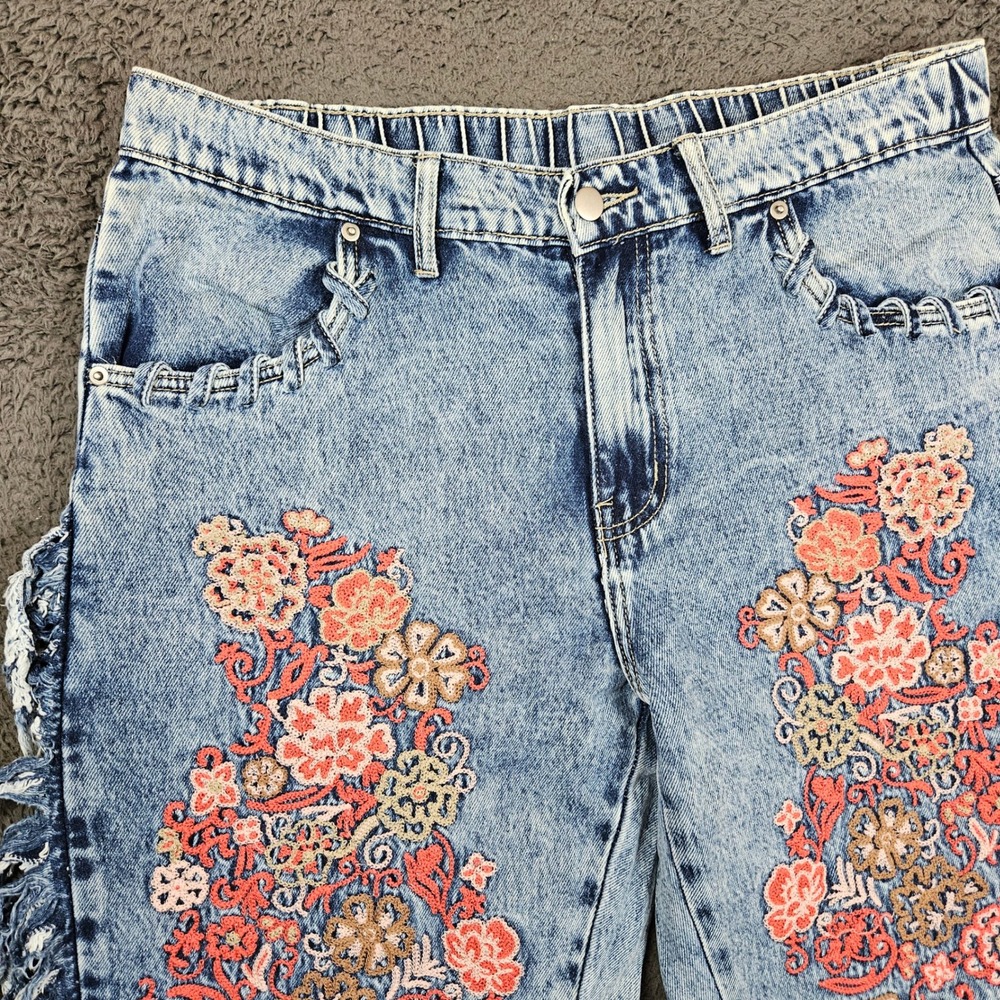OH Jeans Womens XL Acid Wash Floral Embroidered Wide Leg Jeans - Picture 3 of 11